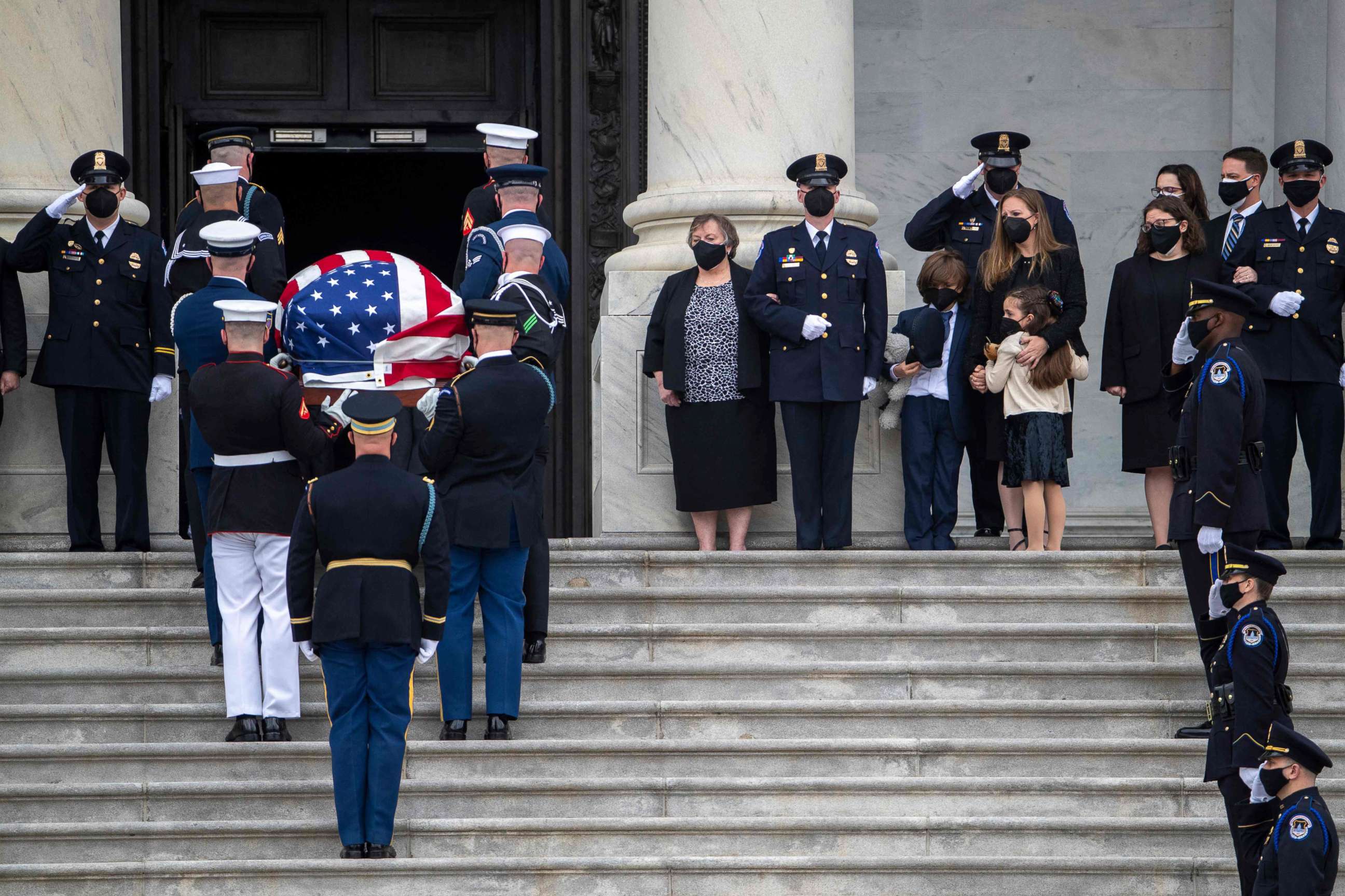 PHOTO: A casket containing the remains of Capitol Police officer William Evans, who was killed in the line of duty on April 2, arrives for a ceremony honoring the officer at the Capitol in Washington, April 13, 2021.