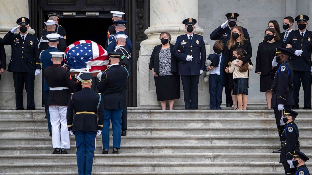 PHOTO: A casket containing the remains of Capitol Police officer William Evans, who was killed in the line of duty on April 2, arrives for a ceremony honoring the officer at the Capitol in Washington, April 13, 2021.