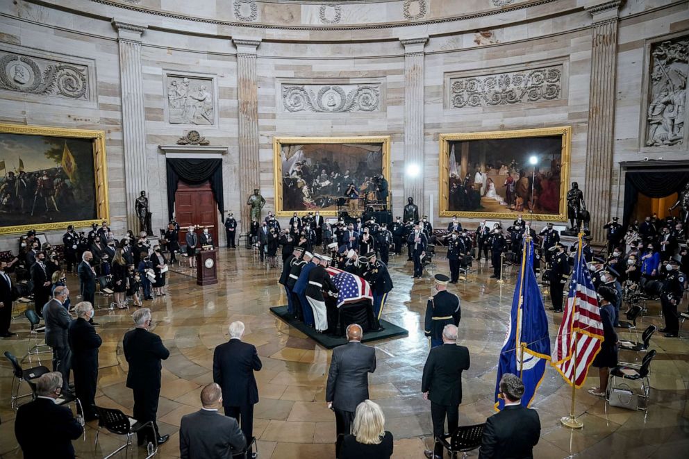 PHOTO: The remains of the late U.S. Capitol Police officer William "Billy" Evans arrive for a memorial service in the Rotunda at the U.S. Capitol, April 13, 2021, in Washington, DC.