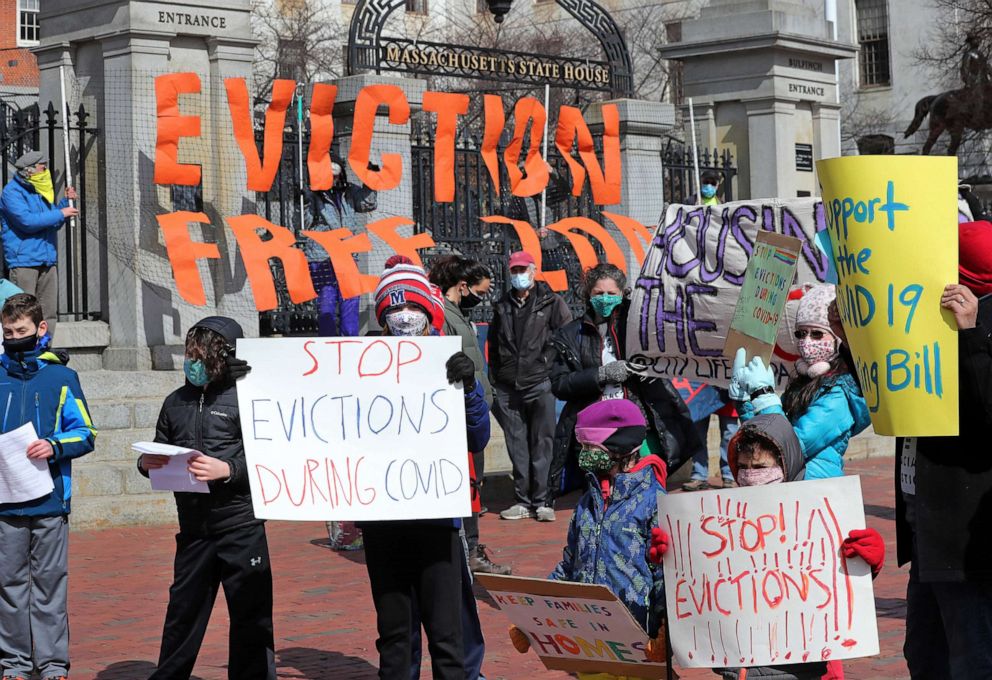 PHOTO: People from Worker's Circle of Boston and members of City Life Vida Urbana protest to rally support behind house bill HD3030, which seeks to stop evictions during the ongoing coronavirus pandemic, at the Mass. State House in Boston, March 14, 2021.