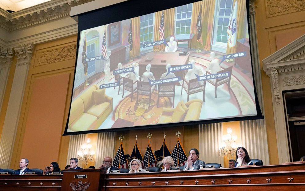 PHOTO: An exhibit is displayed as the House select committee investigating the Jan. 6 attack on the U.S. Capitol continues to reveal its findings of a year-long investigation, June 23, 2022, in Washington, D.C.