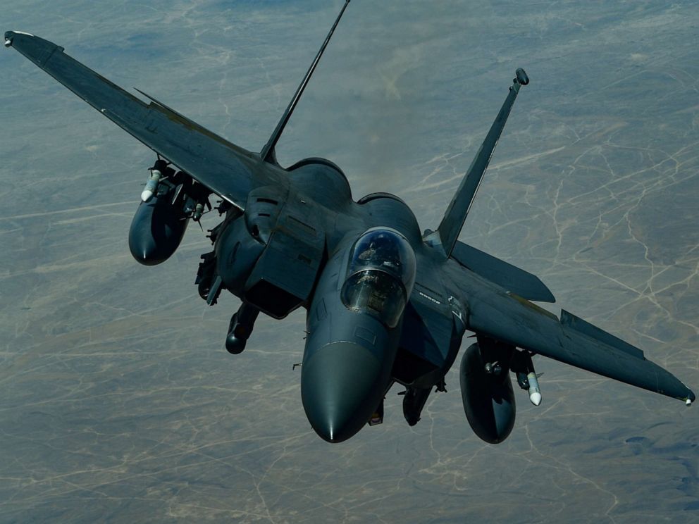 PHOTO: A U.S. Air Force F-15E Strike Eagle descends after receiving fuel from a KC-10 Extender, assigned to the 908th Expeditionary Air Refueling Squadron, out of Al Dhafra Air Base, United Arab Emirates, above an undisclosed location, Sept. 1, 2019.