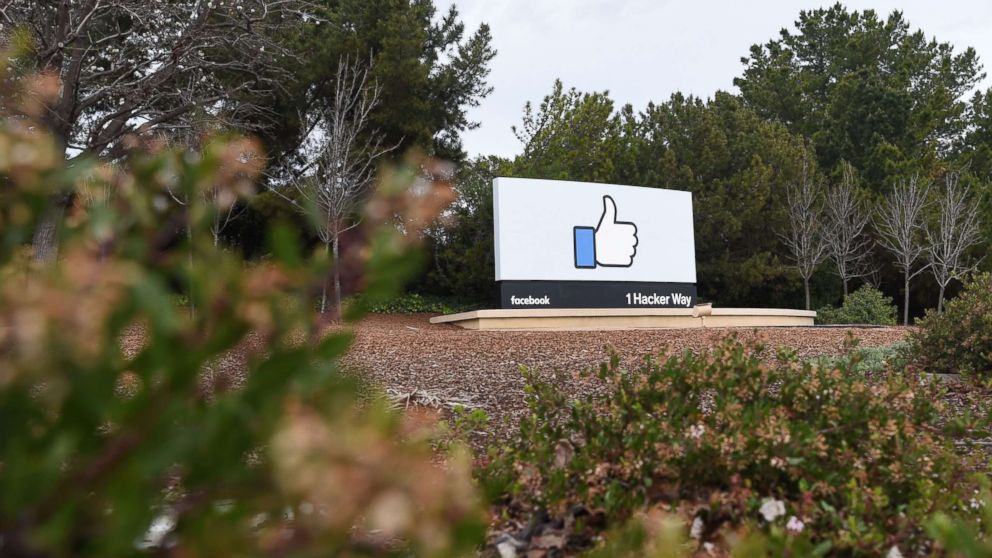 PHOTO: A sign is seen at the entrance to Facebook's corporate headquarters location in Menlo Park, California, March 21, 2018.
