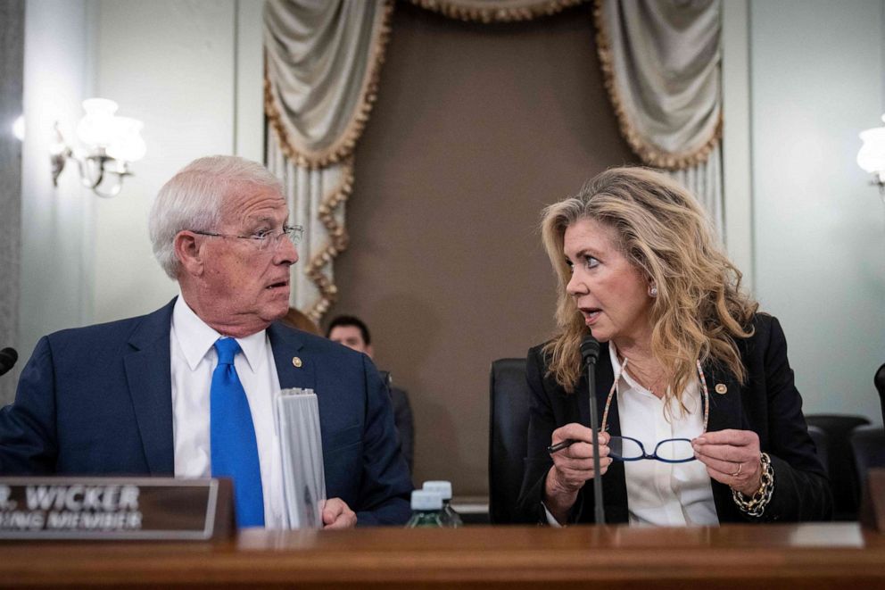 PHOTO: Sen. Roger Wicker and Sen. Marsha Blackburn talk before former Facebook employee Frances Haugen testifies at a Senate Committee on Capitol Hill, Oct. 5, 2021, in Washington, DC.