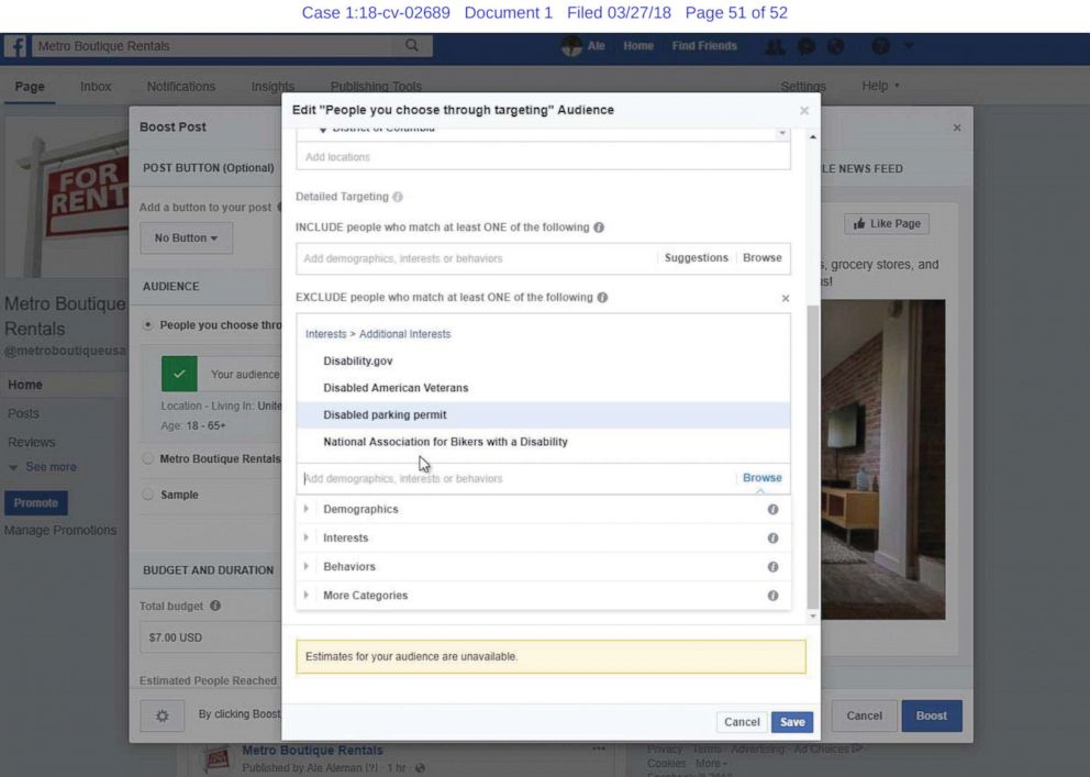 PHOTO: A screenshot from a lawsuit against Facebook shows plaintiffs claim that Facebook allows advertisers to prevent users with interests like "disabled parking permit" from seeing their ads.