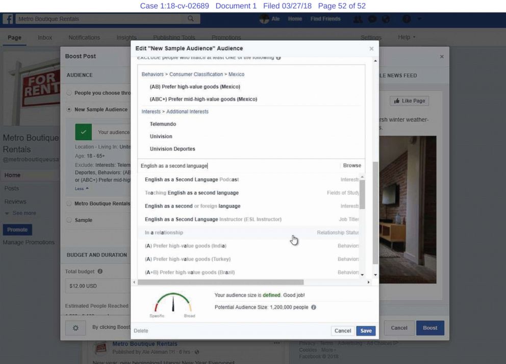 PHOTO: A screenshot from a lawsuit against Facebook shows plaintiffs claim that Facebook allows advertisers to select the audience for the ad based on factors like "English as a second language."