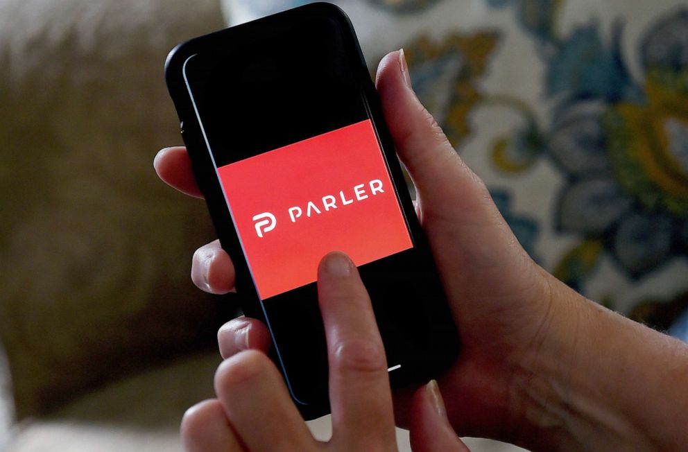 PHOTO: The logo for social media application Parler is displayed on a smartphone in Arlington, Va., July 2, 2020. 