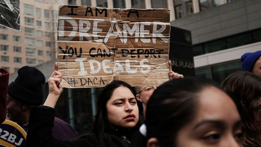 Demonstrators, many of them recent immigrants to America, protest the government shutdown and the lack of a deal on DACA (Deferred Action for Childhood Arrivals) outside of Federal Plaza on Jan. 22, 2018 in New York City.
