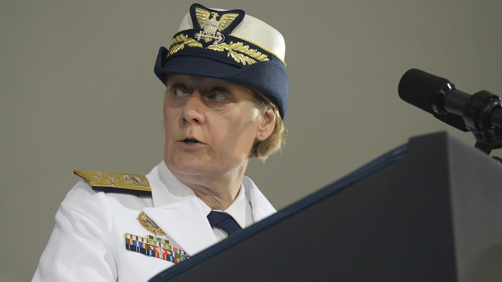 PHOTO: In this June 1, 2022 file photo Admiral Linda Fagan speaks after taking the oath as commandant of the US Coast Guard during a change of command ceremony in Washington, D.C.