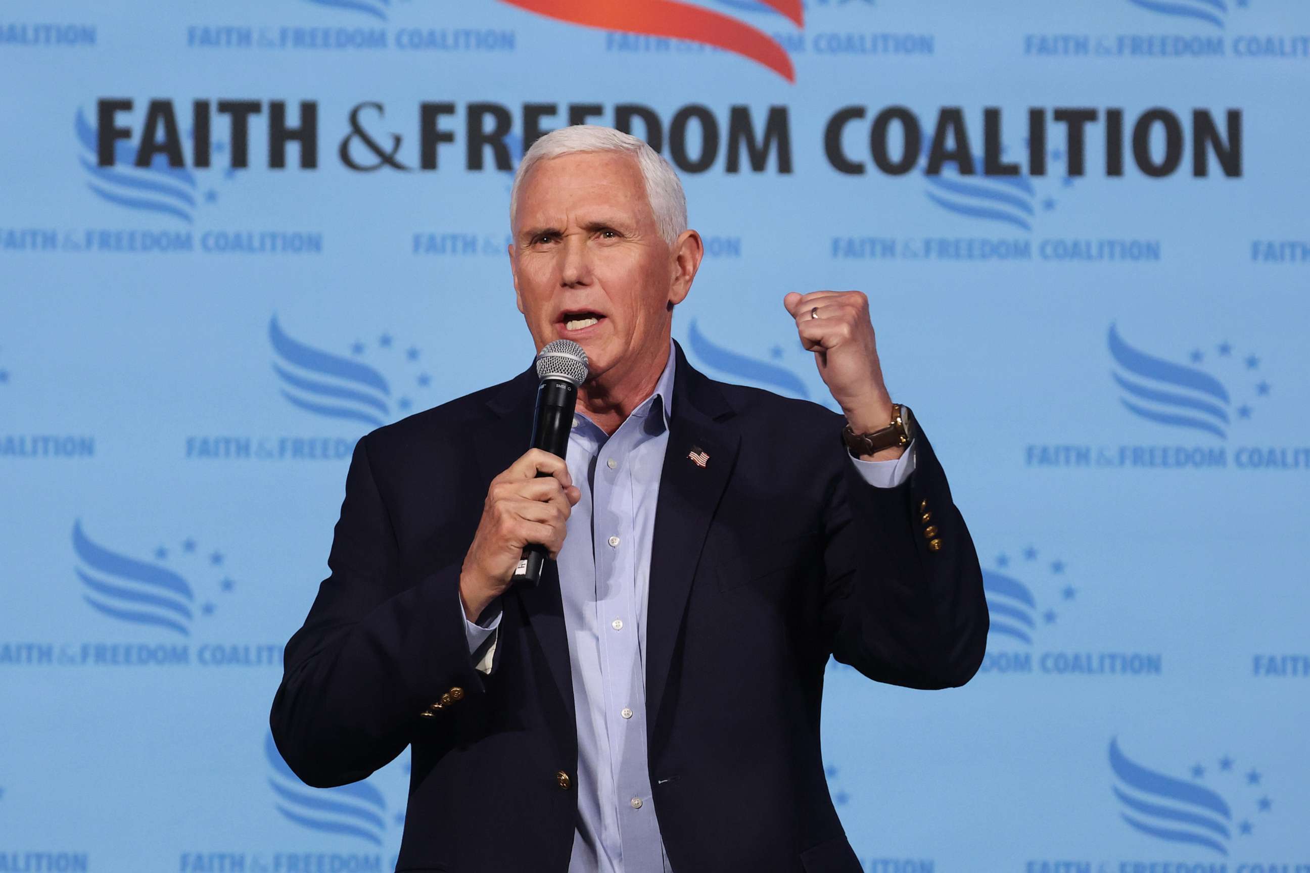 PHOTO: Former Vice President Mike Pence speaks to guests at the Iowa Faith & Freedom Coalition Spring Kick-Off on April 22, 2023 in Clive, Iowa.