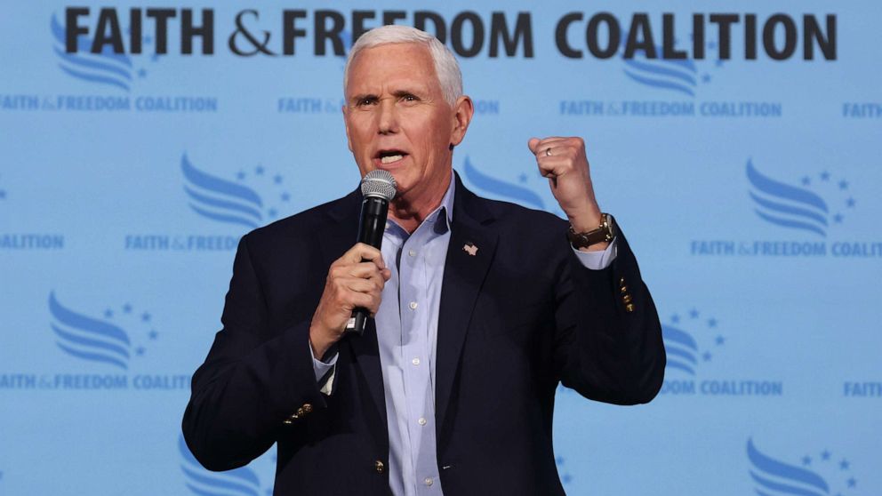 PHOTO: Former Vice President Mike Pence speaks to guests at the Iowa Faith & Freedom Coalition Spring Kick-Off on April 22, 2023 in Clive, Iowa.