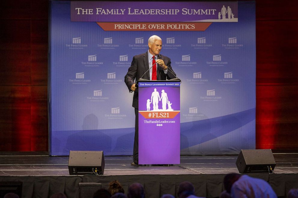 PHOTO: Former U.S. Vice President Mike Pence speaks during the FAMiLY Leader summit, July 16, 2021, in Des Moines, Iowa.