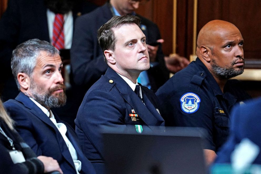 PHOTO: MPD Officer Michael Fanone, MPD Officer Daniel Hodges and U.S. Capitol Police Officer Pfc. Harry Dunn at the hearing where the House Select Committee investigates the Jan. 6 Attack on the US Capitol, in Washington, D.C., June 16, 2022.