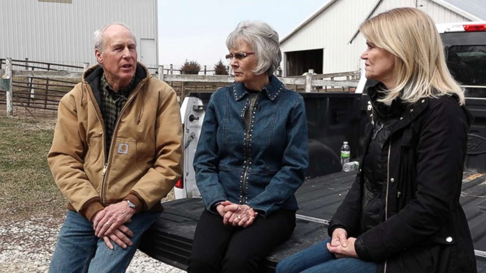 John and Mary Fisher sit with ABC News' Martha Raddatz on their farm in Neola, Iowa. Their main crops are corn and soy beans, which could mean they feel an impact of the soy bean tariff that China has threatened in retaliation to steel and aluminium tariffs proposed by President Donald Trump.