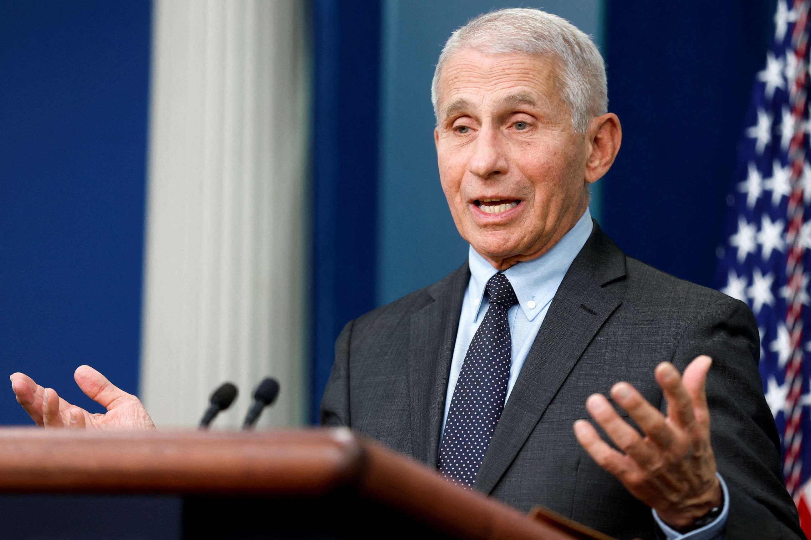 PHOTO: NIH National Institute of Allergy and Infectious Diseases Director Anthony Fauci joins White House Press Secretary Karine Jean-Pierre for the daily press briefing at the White House, Nov. 22, 2022.