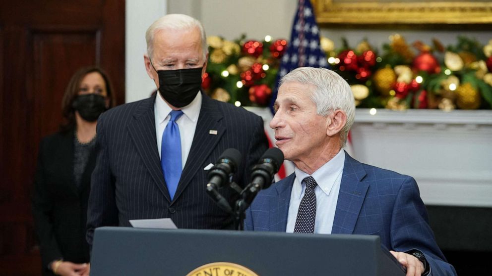 PHOTO: President Joe Biden listens to Dr. Anthony Fauci speak about the Omicron variant in the Roosevelt Room of the White House in Washington, D.C, Nov. 29, 2021.