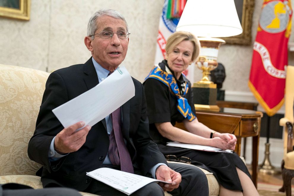 PHOTO: White House coronavirus response coordinator Dr. Deborah Birx listens as director of the National Institute of Allergy and Infectious Diseases Dr. Anthony Fauci speaks in the Oval Office of the White House, April 29, 2020, in Washington.