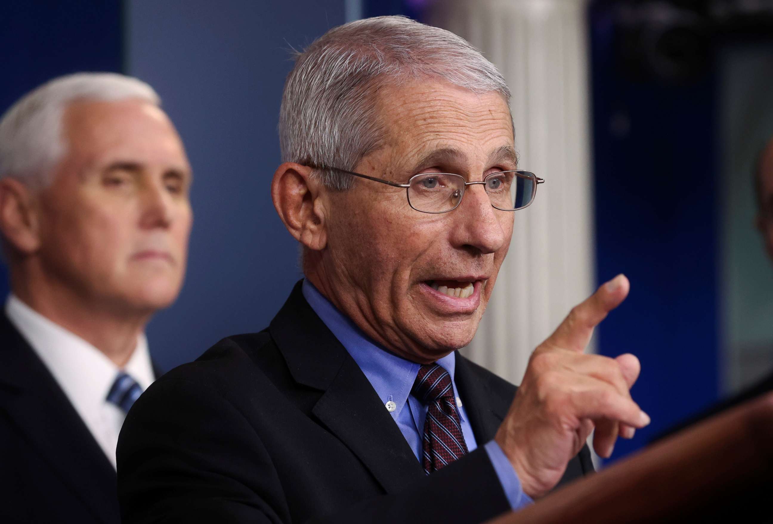 PHOTO: National Institute of Allergy and Infectious Diseases Director Dr. Anthony Fauci answers a question during the daily coronavirus task force briefing as Vice President Mike Pence listens  at the White House in Washington, April 9, 2020.