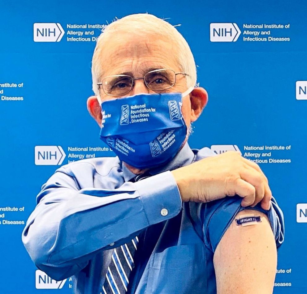 PHOTO: Anthony Fauci shows a bandage on his arm after receiving an influenza vaccine to kick-off the 2020-2021 flu season with the NFID in Bethesda, Md.