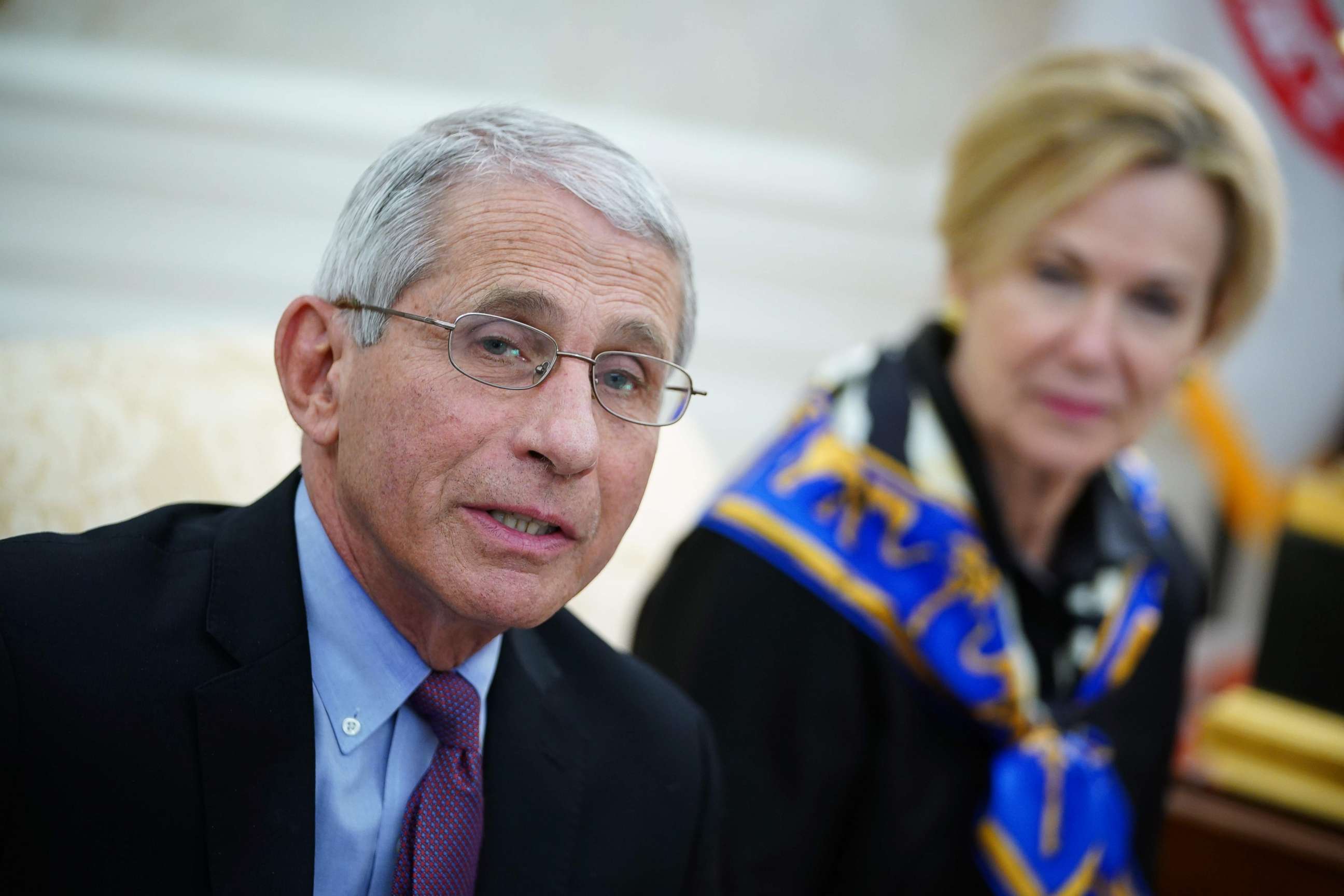 PHOTO: Dr. Anthony Fauci, director of the National Institute of Allergy and Infectious Diseases speaks as President Donald Trump meets with Gov. John Bel Edwards of Louisiana, in the Oval Office of the White House in Washington, April 29, 2020.