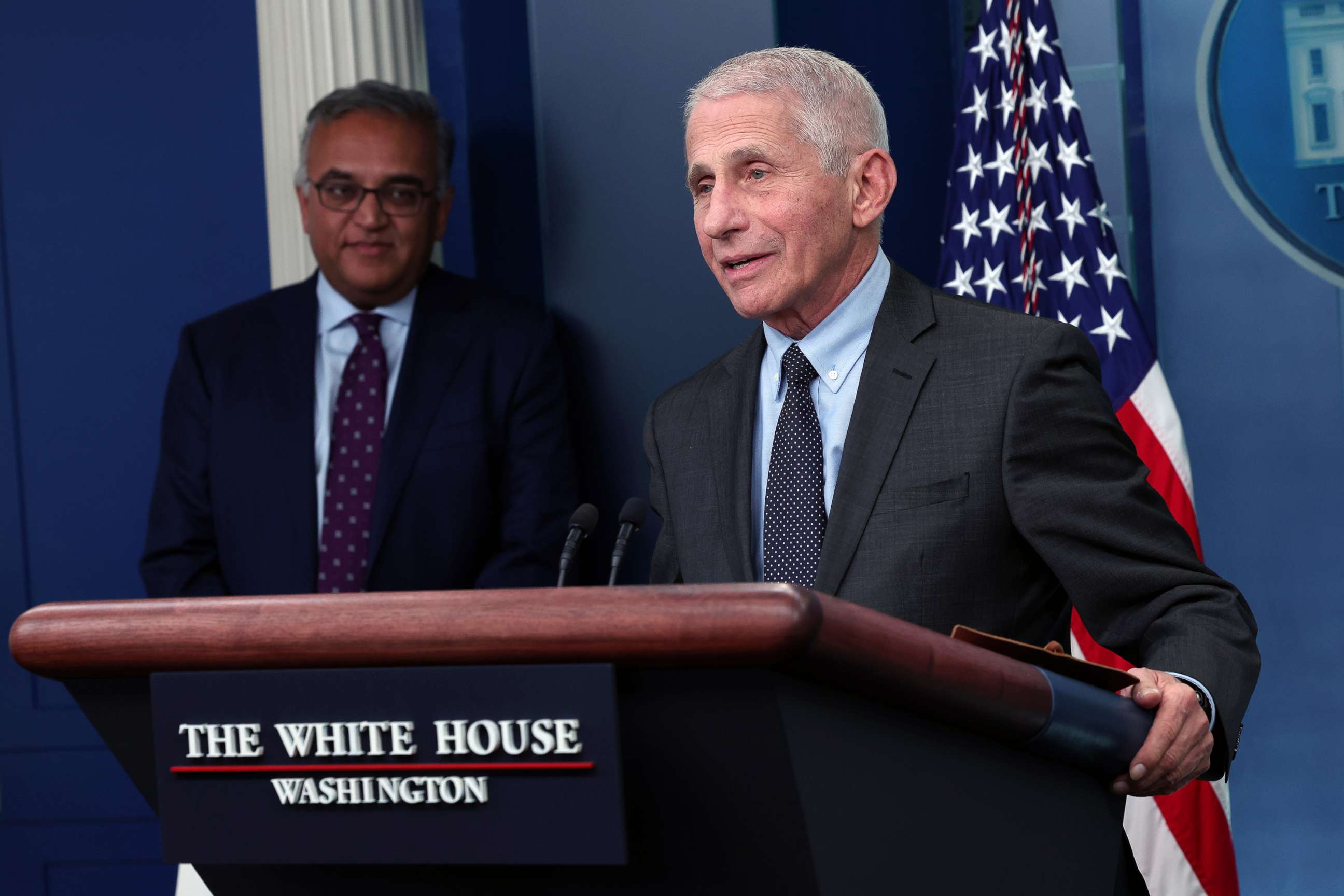 PHOTO: Dr. Anthony Fauci, White House chief medical advisor, speaks alongside COVID-19 Response Coordinator Dr. Ashish Jha during a briefing on COVID-19 at the White House, Nov. 22, 2022.