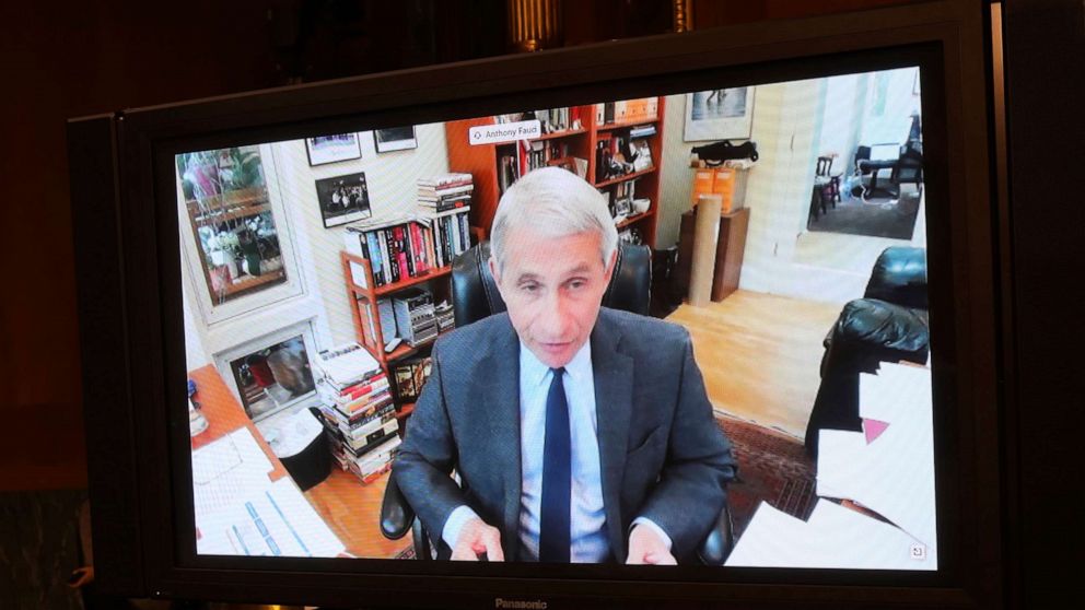 PHOTO: Dr. Anthony Fauci, director of the National Institute of Allergy and Infectious Diseases speaks remotely during a virtual Senate Committee for Health, Education, Labor, and Pensions hearing, May 12, 2020 on Capitol Hill in Washington.