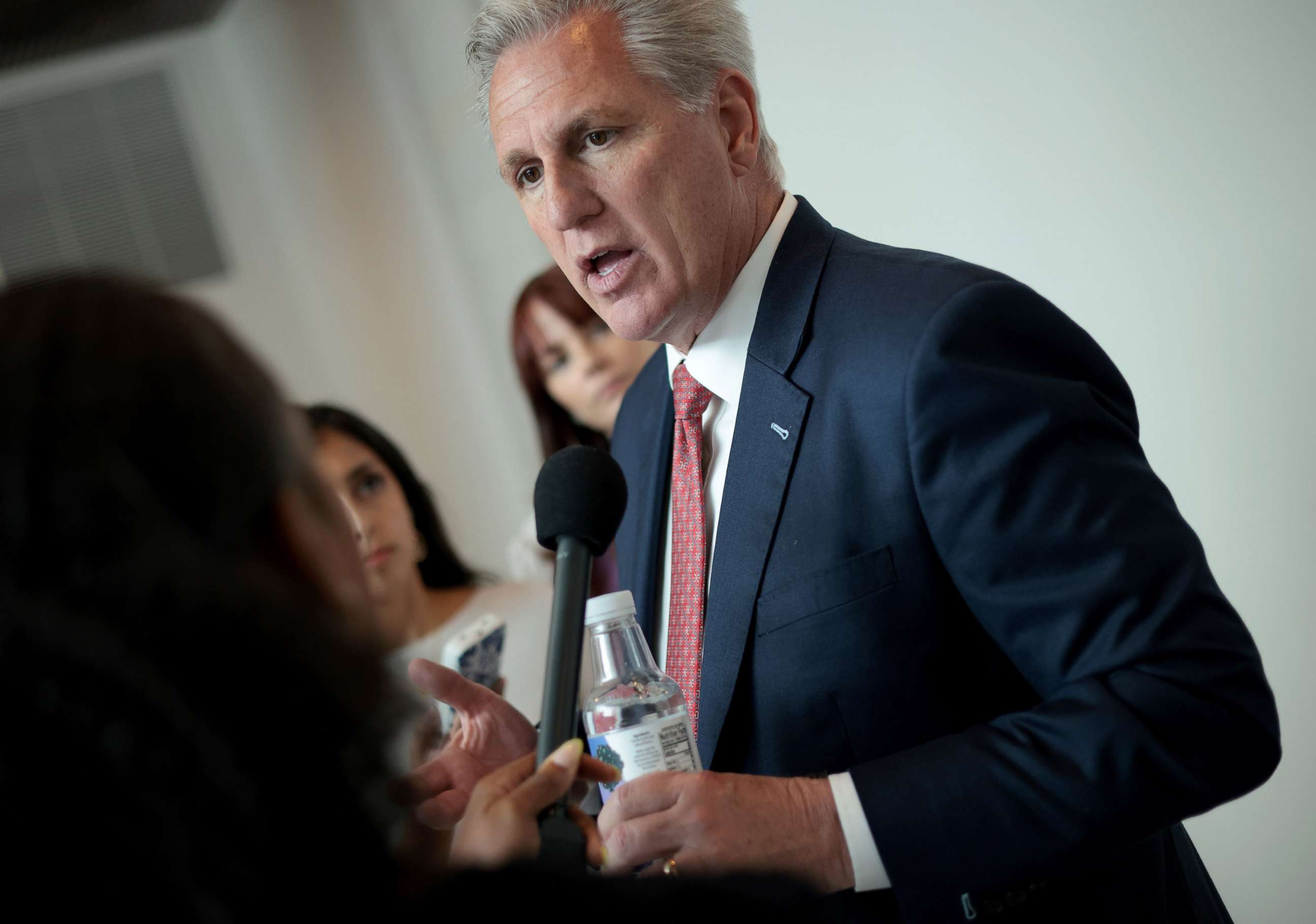 PHOTO: House Minority Leader Kevin McCarthy answers questions from reporters following a press conference in Washington June 23, 2021.