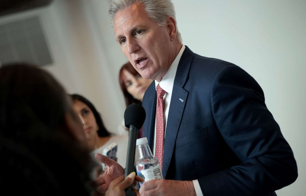 PHOTO: House Minority Leader Kevin McCarthy answers questions from reporters following a press conference in Washington June 23, 2021.