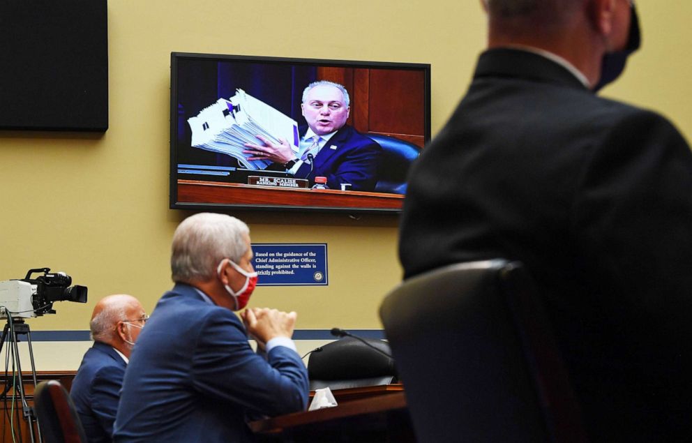 PHOTO: Rep. Steve Scalise is seen on a monitor holding up a stack of documents as  Dr. Anthony Fauci testifies at a House Subcommittee on the Coronavirus Crisis hearing on Capitol Hill, July 31, 2020.