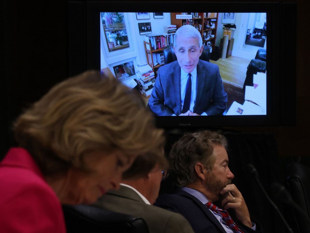 PHOTO: Senators listen to Dr. Anthony Fauci, director of the National Institute of Allergy and Infectious Diseases speak remotely during a Senate Health, Education, Labor and Pensions Committee hearing on Capitol Hill on May 12, 2020, in Washington, DC. 