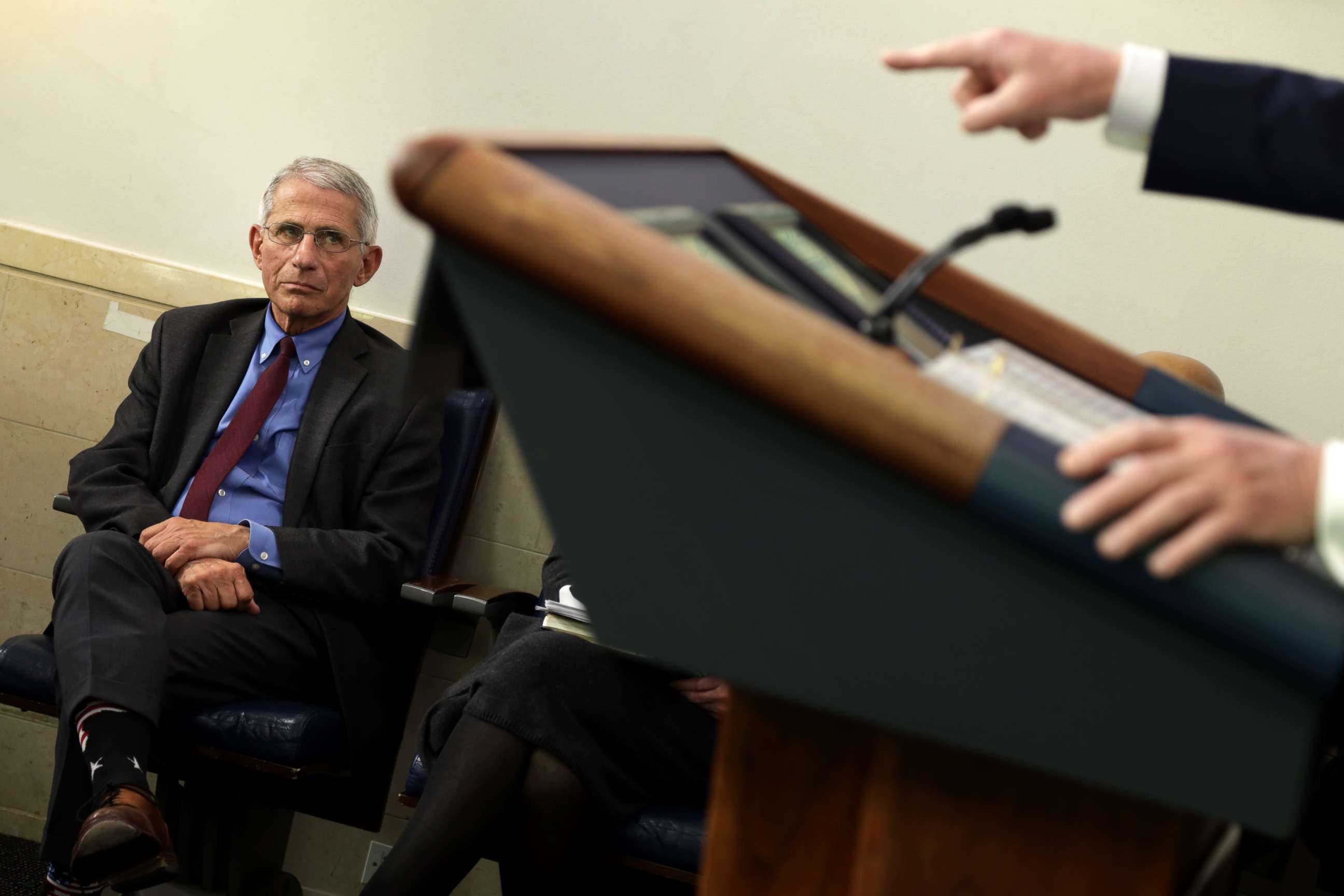 PHOTO: Anthony Fauci watches as President Donald Trump makes a point during the daily briefing of the White House Coronavirus Task Force, April 10, 2020 at the White House in Washington, DC.