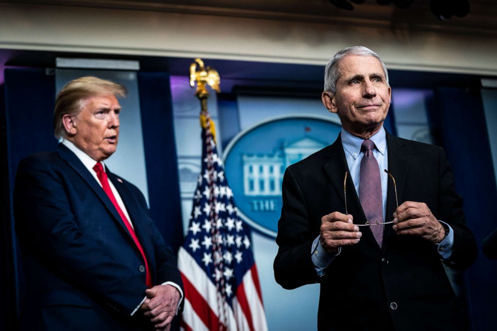 PHOTO: President Donald J. Trump listens as Dr. Anthony Fauci, director of the National Institute of Allergy and Infectious Diseases, speaks with members of the coronavirus task force, April 22, 2020 in Washington, DC.