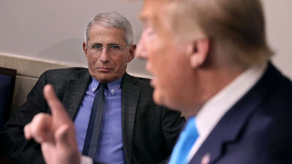 PHOTO: Anthony Fauci, director of the National Institute of Allergy and Infectious Diseases, listens to President Donald Trump speak to reporters in the Brady Press Briefing Room at the White House, April 7, 2020.