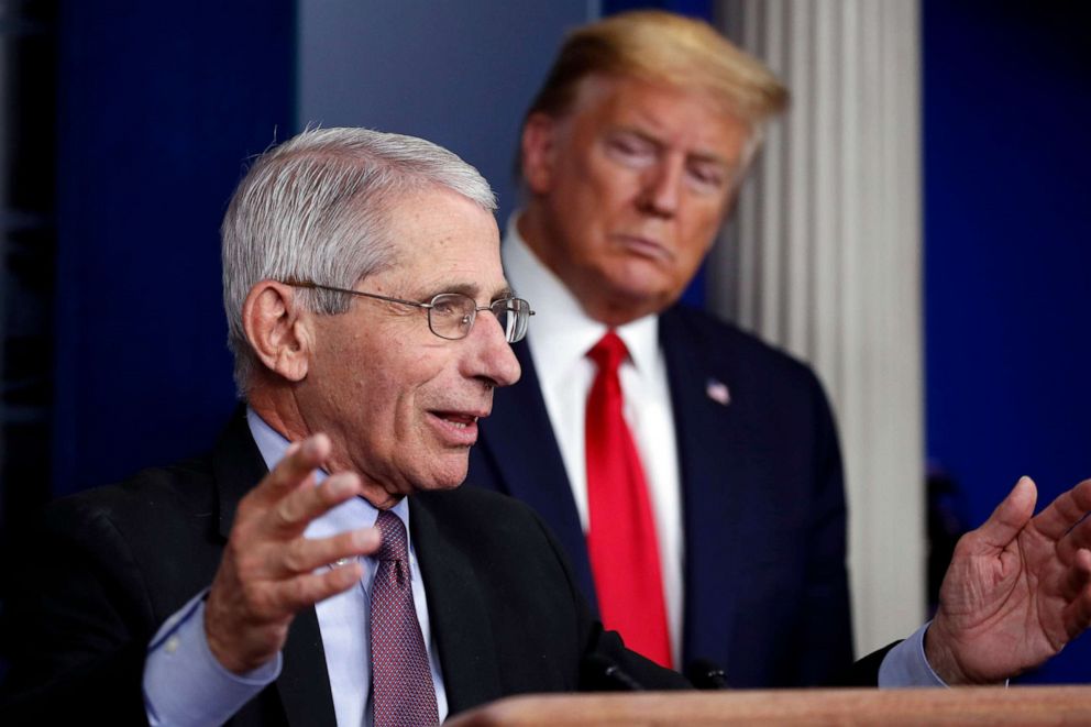 PHOTO: President Donald Trump watches as Dr. Anthony Fauci, director of the National Institute of Allergy and Infectious Diseases, speaks about the coronavirus in the James Brady Press Briefing Room of the White House, April 22, 2020, in Washington.