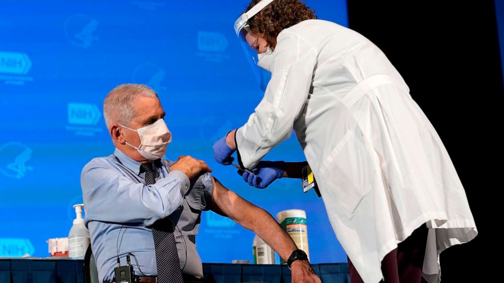 PHOTO: Anthony Fauci, director of the National Institute of Allergy and Infectious Diseases, receives his first dose of the Covid-19 vaccine at the National Institutes of Health, Dec. 22, 2020, in Bethesda, Maryland.