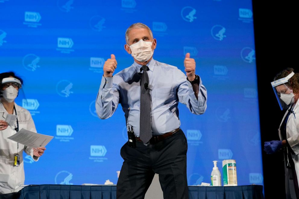 PHOTO: Dr. Anthony Fauci, director of the National Institute of Allergy and Infectious Diseases, gestures after receiving his first dose of the COVID-19 vaccine at the National Institutes of Health, Dec. 22, 2020, in Bethesda, Md.