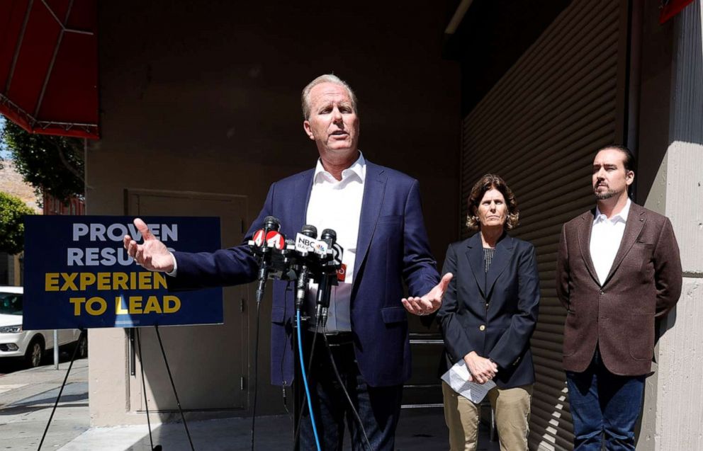 PHOTO: California Republican gubernatorial candidate Kevin Faulconer speaks during a news conference outside of a closed Walgreens store on July 27, 2021 in San Francisco, Calif.