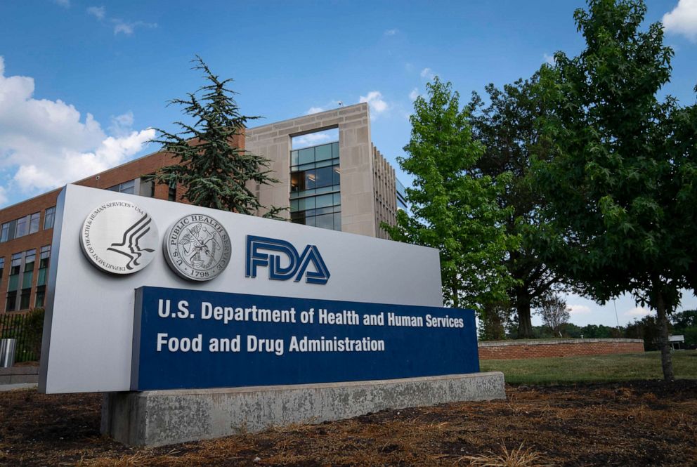 PHOTO: In this July 20, 2020, file photo, a sign for the Food And Drug Administration is seen outside of the headquarters in White Oak, MD.