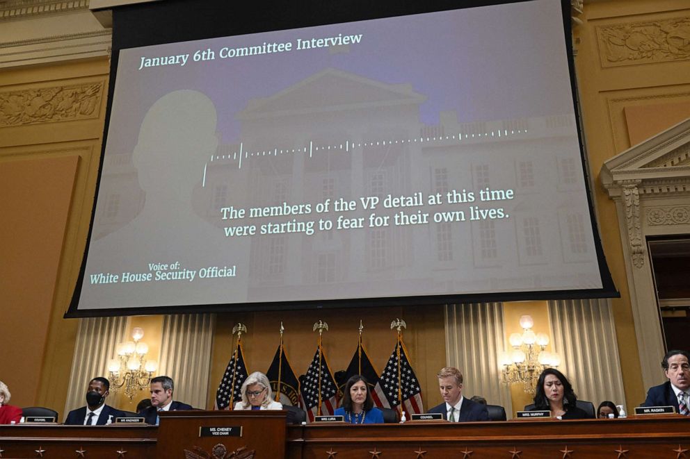 PHOTO: A recording of members of the Former Vice President Mike Pence's detail is played during a hearing by the House Select Committee to investigate the Jan. 6 attack on the U.S. Capitol, July 21, 2022, in Washington, D.C., July 21, 2022.
