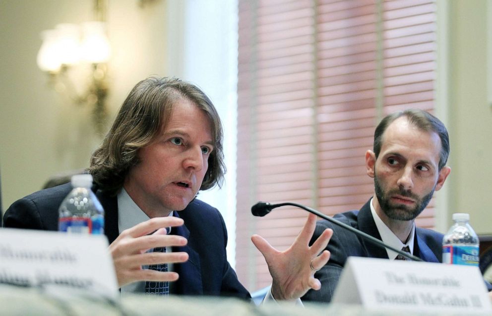 PHOTO: Federal Election Commission (FEC) Commissioners Donald McGahn II (L), and Matthew Petersen (R) testify during a hearing before the Elections Subcommittee of House Committee on House Administration, Nov. 3, 2011, on Capitol Hill.