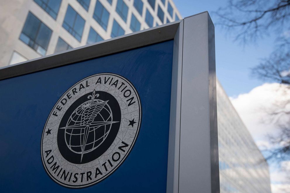 PHOTO: In this March 6, 2021, file photo, a sign shows the U.S Federal Aviation Administration (FAA) logo near its headquarters in Washington, D.C.