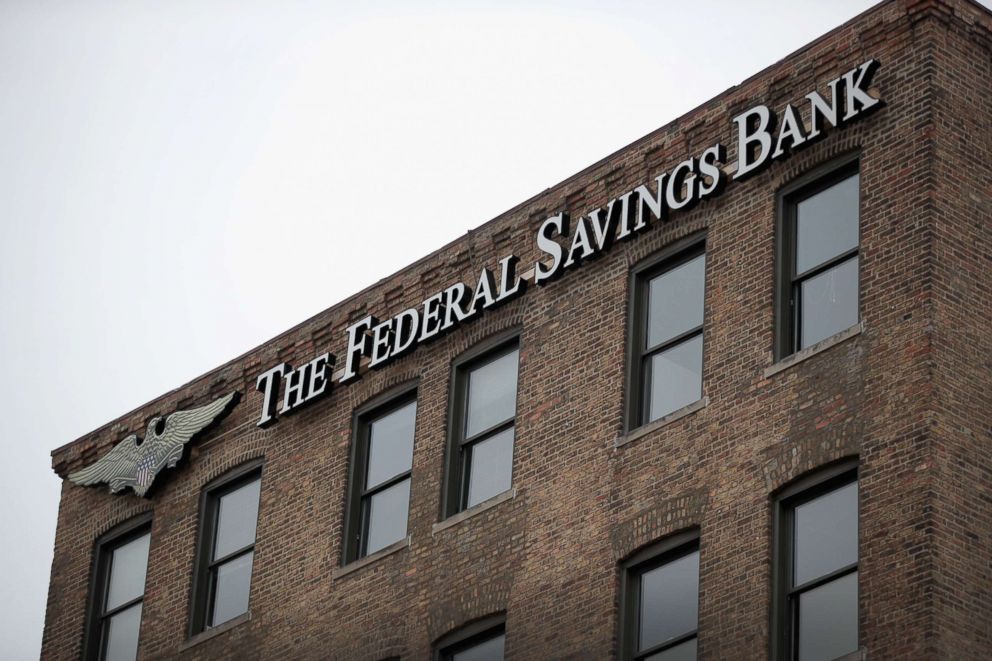 PHOTO: A sign hangs above the headquarters of the Federal Savings Bank in the Fulton Market neighborhood on Feb. 23, 2018 in Chicago