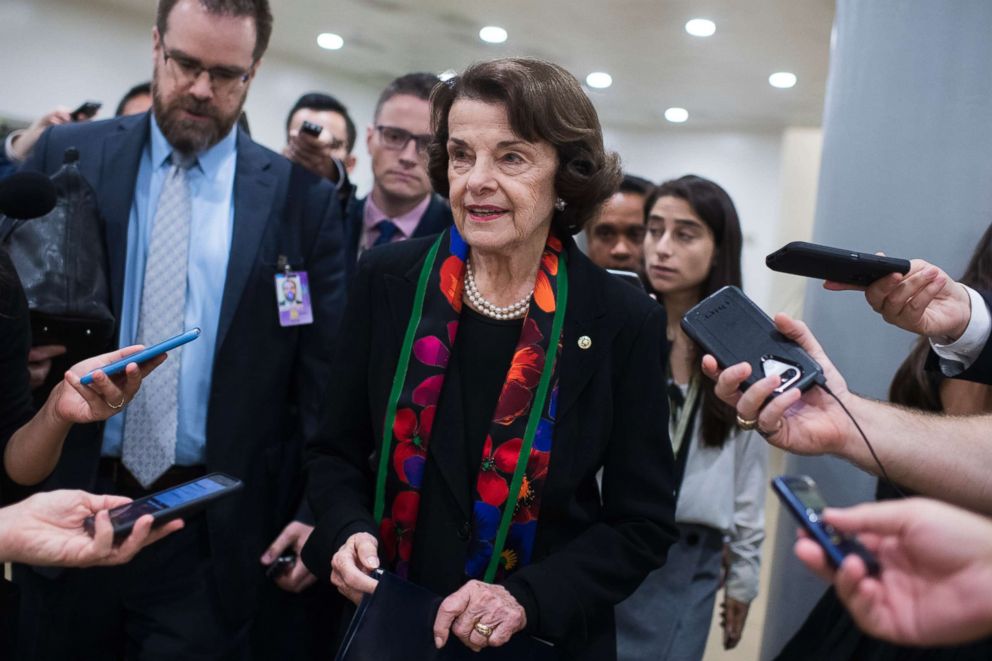 PHOTO: Sen. Dianne Feinstein speaks with reporters after a news conference in the Capitol to discuss the findings of the FBI's supplemental background check on Supreme Court nominee Brett Kavanaugh, Oct. 4, 2018.