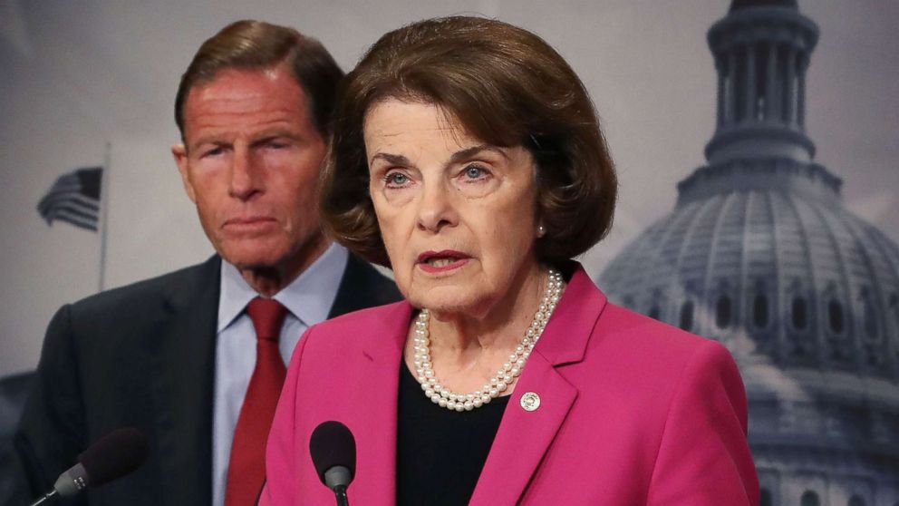 PHOTO: Senate Judiciary ranking member Dianne Feinstein is flanked by fellow Democrat Sen. Richard Blumenthal while speaking about the Keep Families Together Act on Capitol Hill, June 12, 2018, in Washington, D.C. 