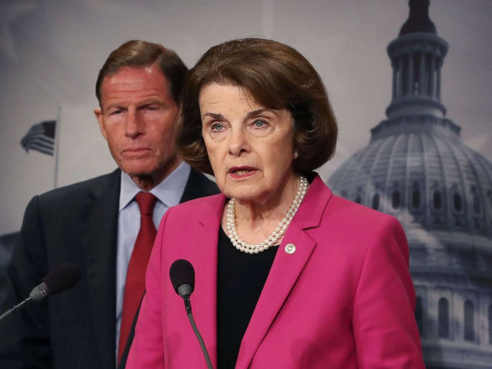 PHOTO: Senate Judiciary ranking member Dianne Feinstein is flanked by fellow Democrat Sen. Richard Blumenthal while speaking about the Keep Families Together Act on Capitol Hill, June 12, 2018, in Washington, D.C. 