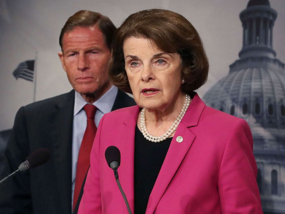 PHOTO: Senate Judiciary ranking member Dianne Feinstein is flanked by fellow Democrat Sen. Richard Blumenthal while speaking about the Keep Families Together Act on Capitol Hill, June 12, 2018, in Washington, D.C. 