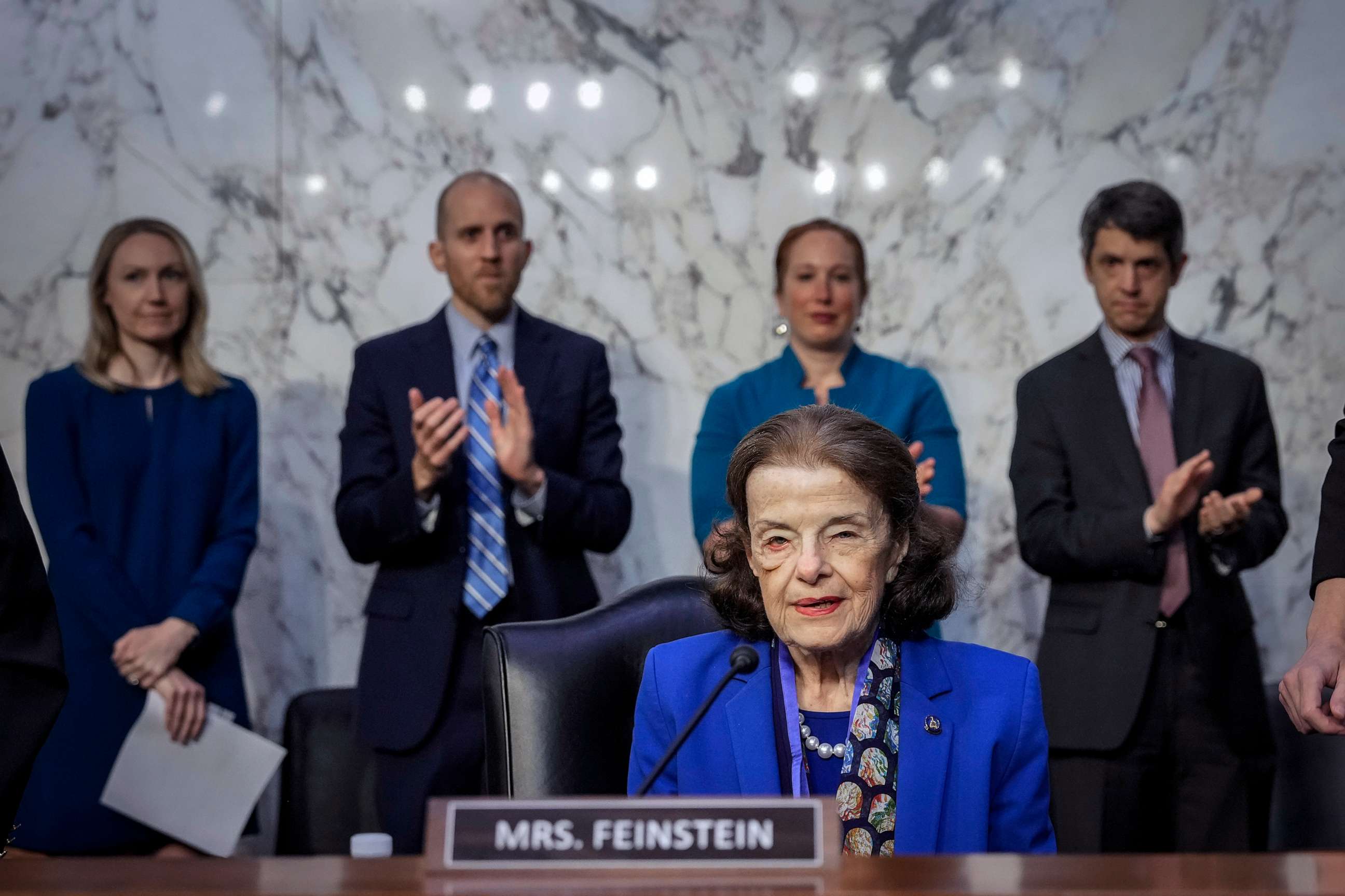 PHOTO: Sen. Dianne Feinstein takes her seat as people applaud, at a business hearing of the Senate Judiciary Committee on Capitol Hill, May 11, 2023, in Washington, D.C.
