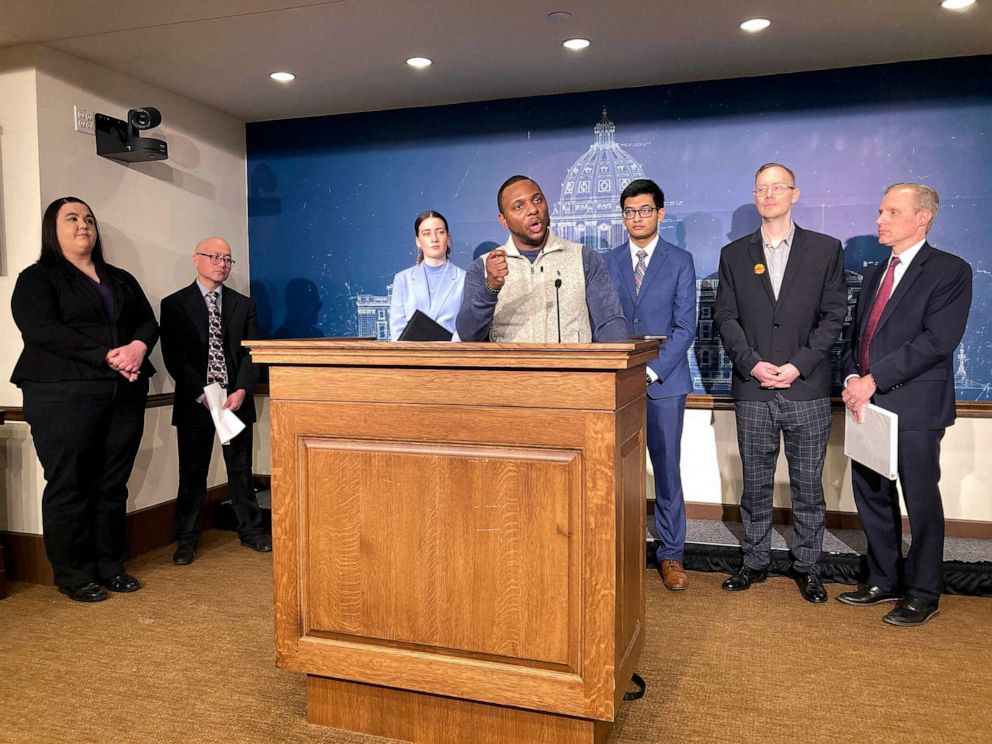 PHOTO: In this Jan. 9, 2023, file photo, Elizer Darris, co-executive director of the Minnesota Freedom Fund, speaks at a news conference in St. Paul, Minn., to call on the Legislature to restore voting rights for felons after they get out of prison.
