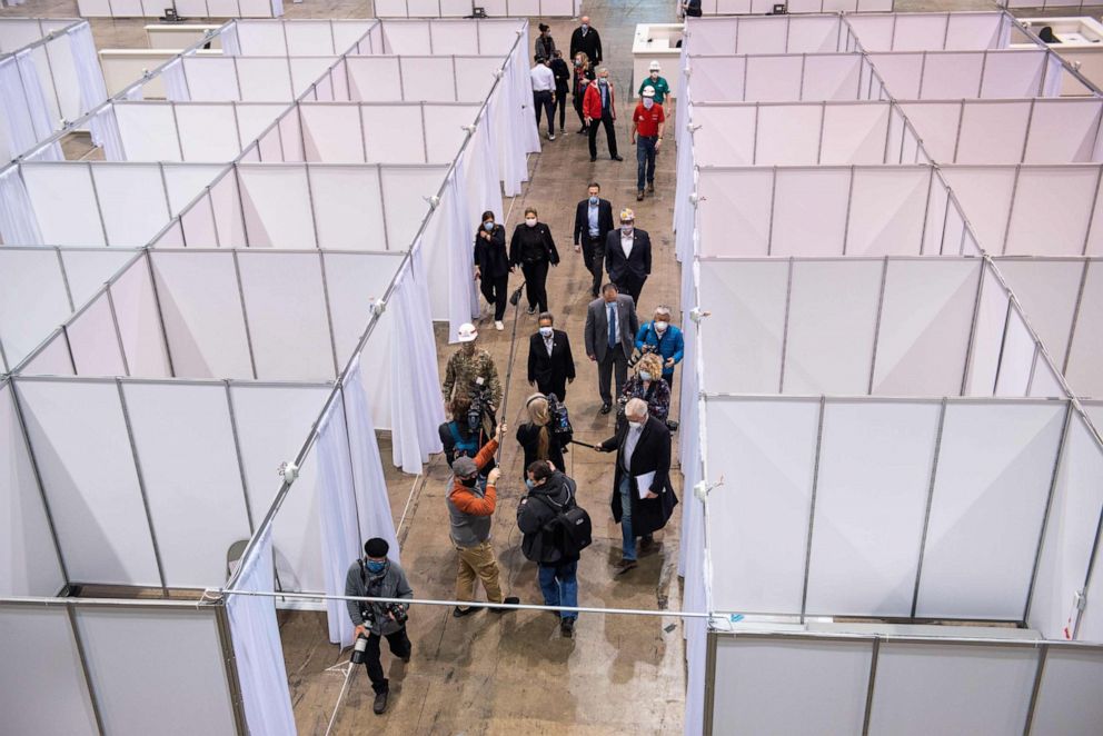 PHOTO: Chicago Mayor Lori Lightfoot visits McCormick Place Convention Center as part of it is converted by the U.S. Army Corps of Engineers and FEMA to a temporary care facility in response to the COVID-19 pandemic in Chicago, April 10, 2020.