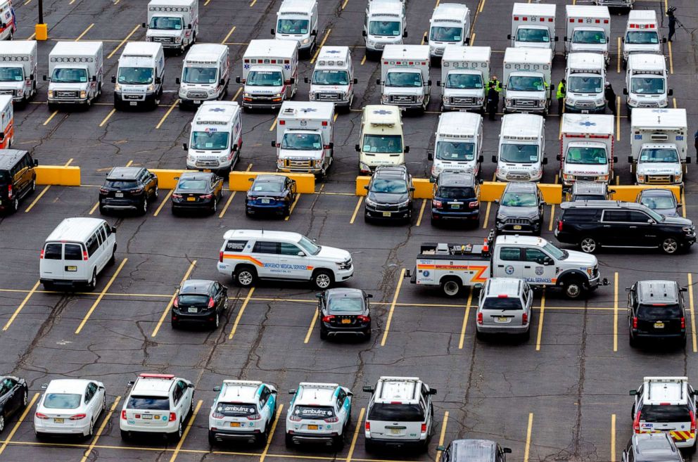 PHOTO: A handout photo released April 13, 2020, shows ambulances arriving in East Rutherford, New Jersey at MetLife Stadium on April 10, 2020.